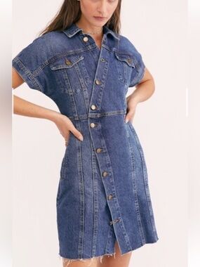 Free People the city denim mini dress button up raw hem - sz small